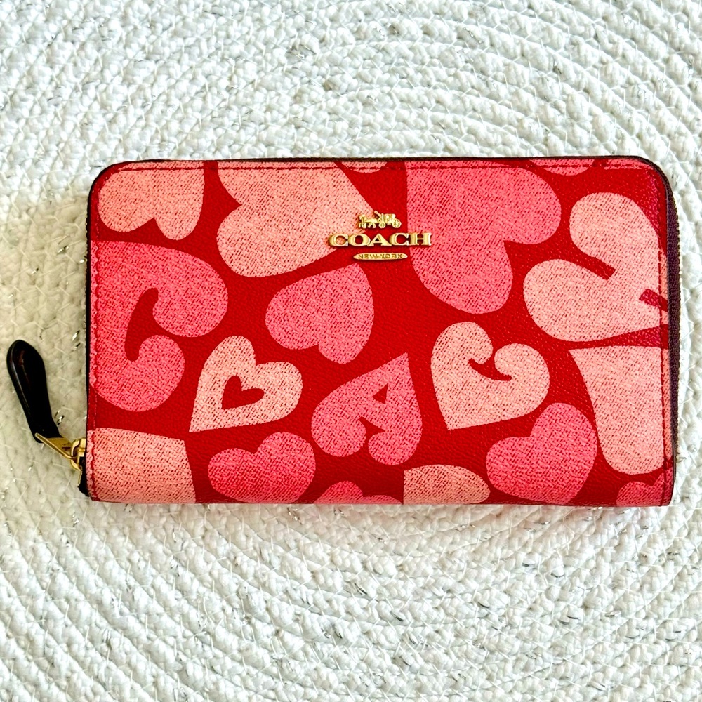 Coach Red and Pink Heart Zip Around Wallet Great Condition!